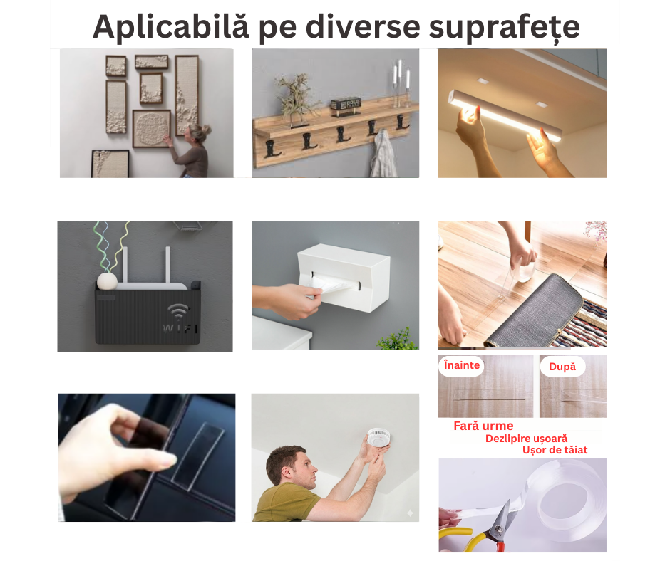 Bandă Dublu-Adezivă, Transparentă, Reutilizabilă